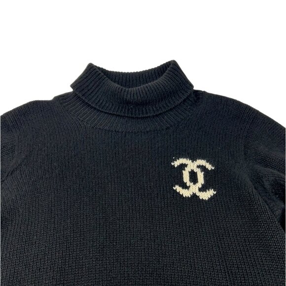 CHANEL Vintage Big CC Logo Knit Sweater Turtleneck Top Black Cashmere [105663] - Picture 5 of 12
